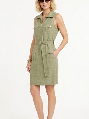Sharagano Olive Green Safari Sleeveless Dress Size 10 Belted Utility Style